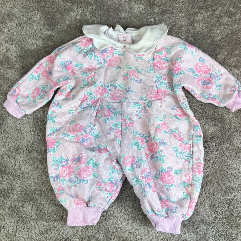 Vintage 80s 90s Mini Basix Romper Baby Girl Pink Floral Bubble Balloon Collar